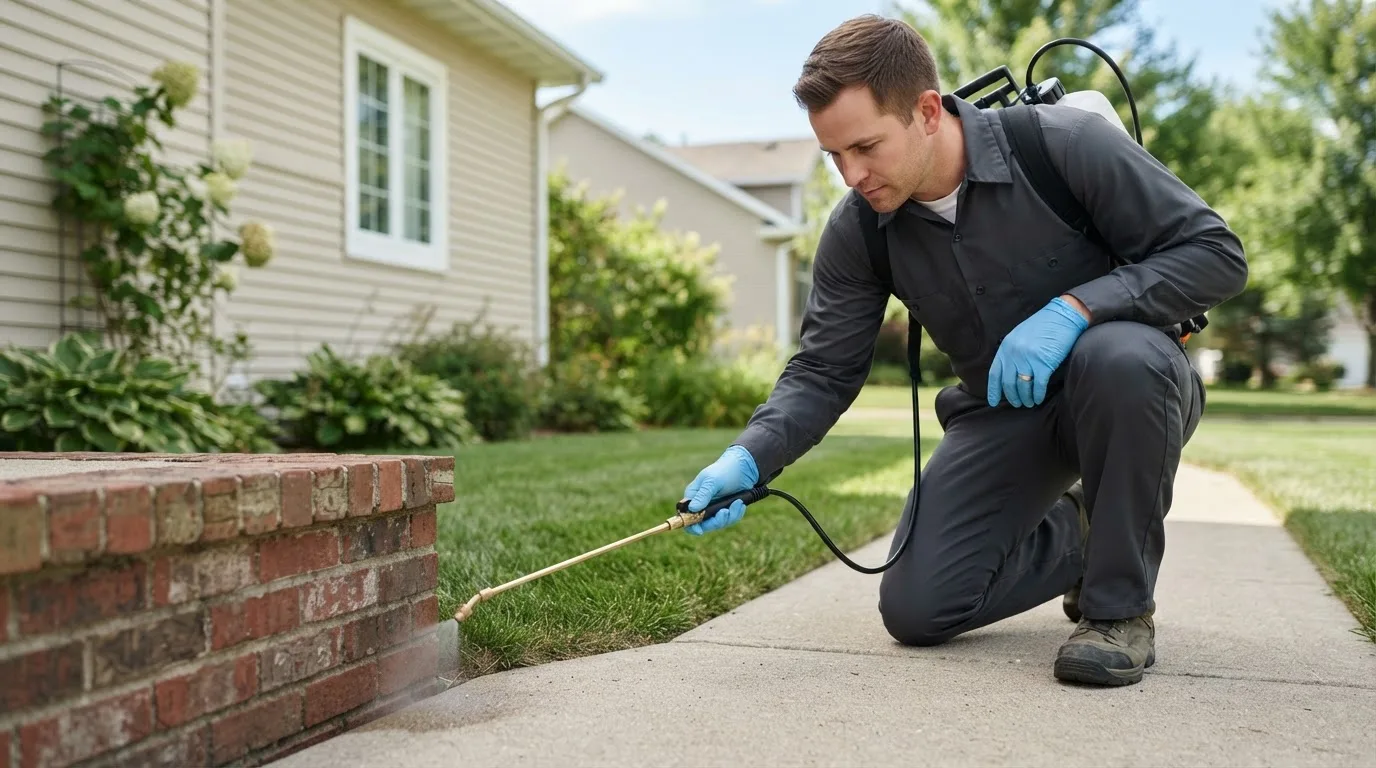 Pest control technician treating a home near Levan, UT